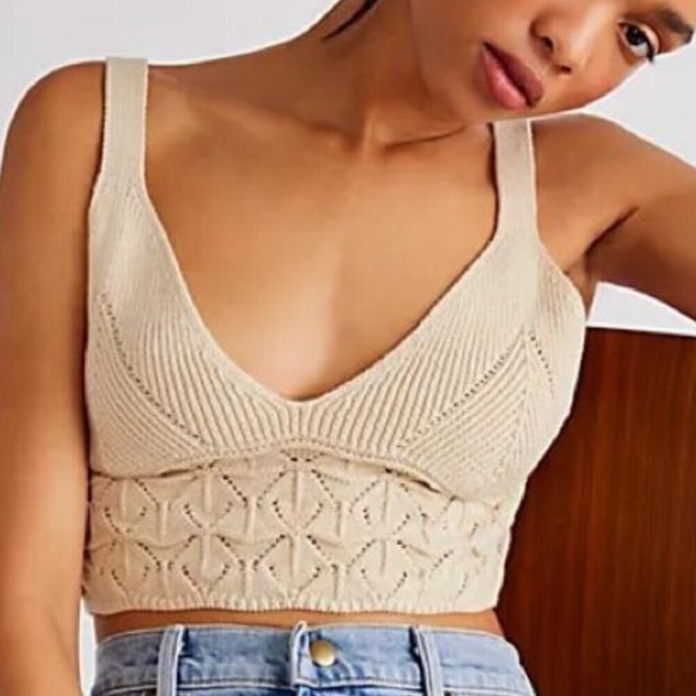 Free People Cream Knit Lace-Panel Crop Top